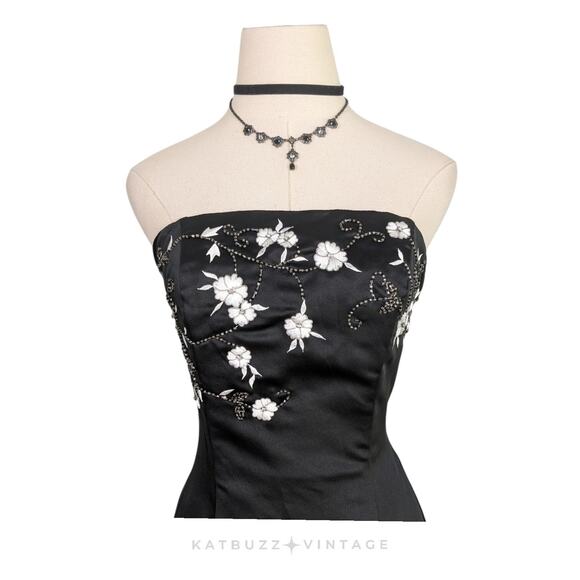 Vintage Prom Dress Maxi Gown 8 Black White 90s Y2K Goth Glam Floral Strapless - Picture 2 of 13
